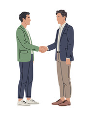 Fototapeta premium Two men shake hands, smiling warmly. One wears a green blazer and white sneakers. The other dons a navy jacket and brown shoes. They stand close, conveying trust and mutual respect