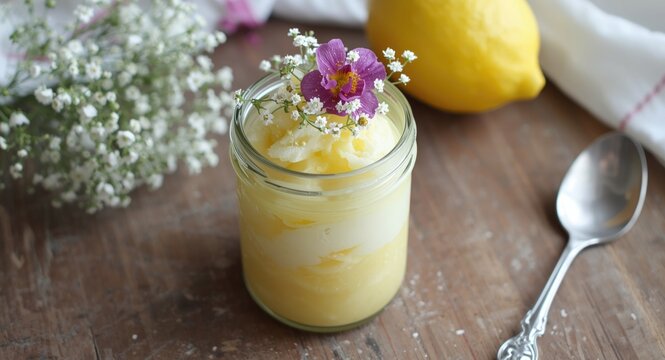 Fresh flower embellished elderflower dessert served in glass jar with lemon curd and copyspace for text