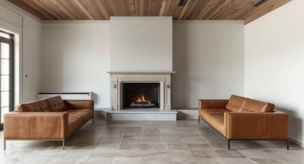 Naklejka premium Minimalist modern living area with leather sofa, classic fireplace, tile ground surface, and timber ceiling