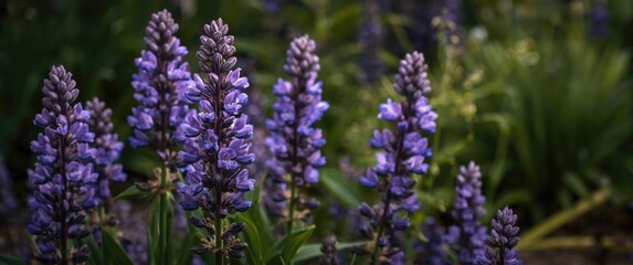 Obraz premium Flowering woodland sage with vibrant purple blue petals thriving in garden