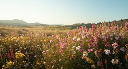 Obraz premium Radiant wildflower field glowing warmly on a sunny spring afternoon
