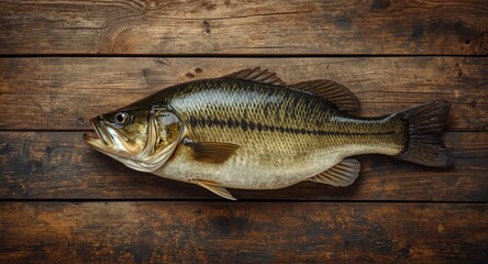 Naklejka premium Rustic wooden floor with a large European bass fish