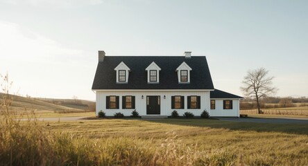 Obraz premium Bright white farmhouse showing off dark shingled rooftop and black framed windows