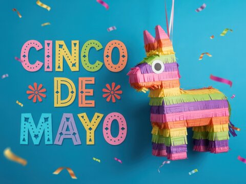 Colorful cinco de mayo text celebration with a decorative donkey pinata on a vibrant blue background