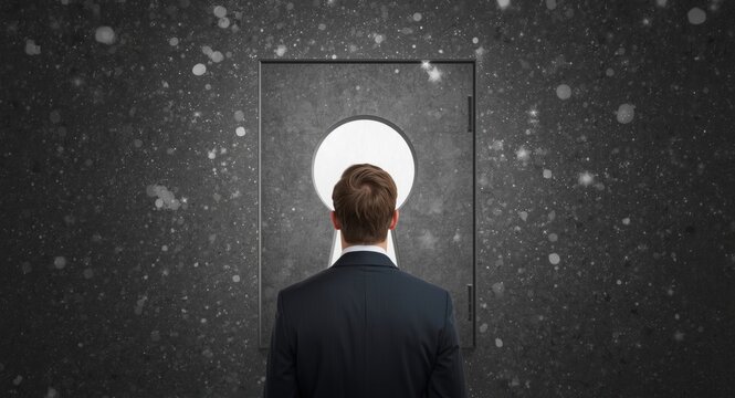 Backshot of a focused young businessman confronting a large keyhole door with stars twinkling overhead symbolizing access to success