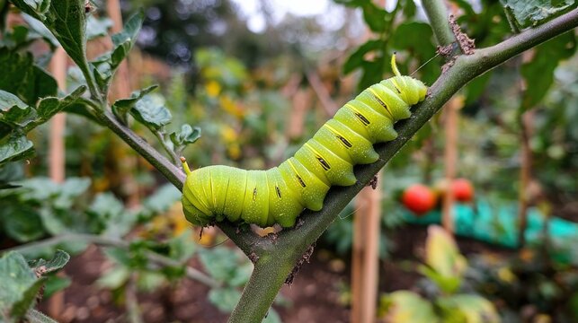 A Vibrant Green Hornworm Caterpillar Gripping Tightly to a Garden Plant Stem Amidst Foliage