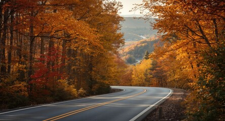 Fototapeta premium Nostalgic artwork depicting a winding highway for a scenic fall road trip through a warm autumn setting