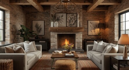 Fototapeta premium Rustic loft interior showcasing a cozy fireplace and soft furnishings