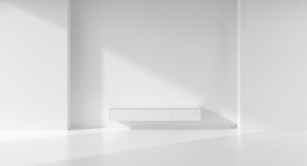Obraz premium Sleek modern room setup featuring a television cabinet on a smooth white wall background rendered in 3D