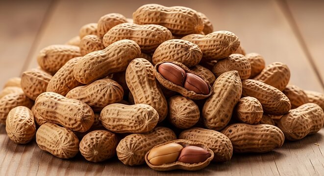 A large pile of peanuts in their shells with a few cracked open to reveal the nuts