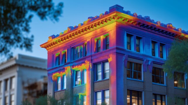Historic brick building facade during energy retrofit, workers installing triple pane windows and exterior insulation, before-after thermal imaging overlay showing heat loss reduction, ideal for