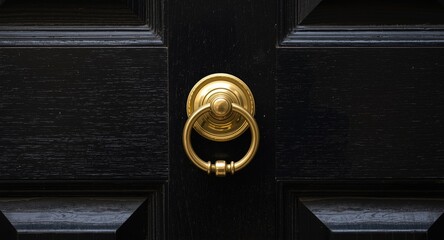 Refined brass door knocker with gold finish on dark wooden front entry