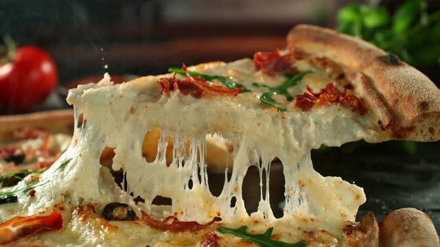 Ultra Slow Motion of Pizza with Melted Cheese Stretching Between Slices at 1000fps.