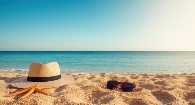 Golden sandy beach with starfish and stylish sun hats sunglasses under clear blue sky and peaceful ocean
