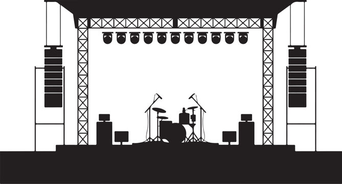 Black and white stage with drum set and speakers microphones