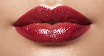Obraz premium Close up of lipstick mark and glossy berry tone lip gloss with smooth texture