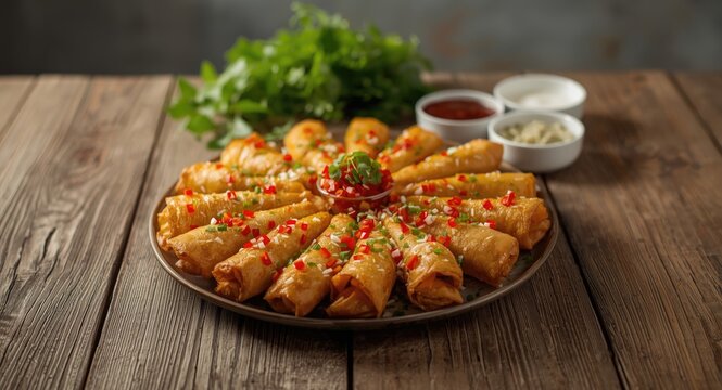 Plateful of spring rolls ready to eat on a casual table setting