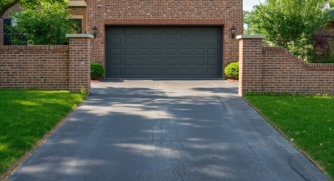 Brick wall adjacent to asphalt driveway directing to a big garage entry
