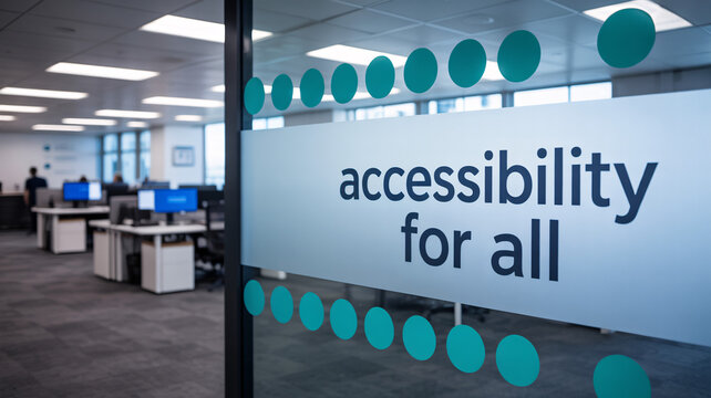 Modern office glass wall with text "accessibility for all" sign teal polka dots open plan workspace
