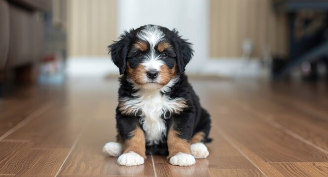Playful tri color Mini Bernedoodle puppy sitting indoors facing camera