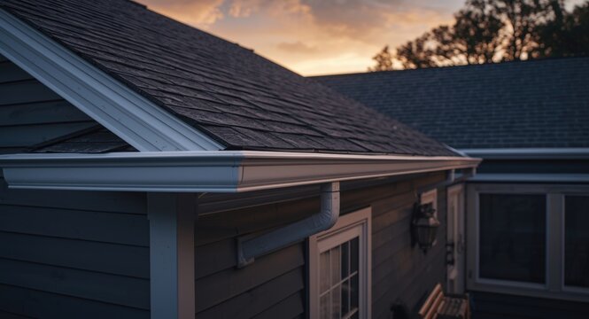 Sloped attic roof with white frame gutter guard and gray vinyl soffit and fascia during sunset