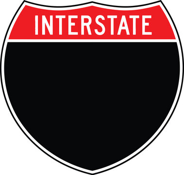 Interstate highway sign with bold red text on a black background silhouette