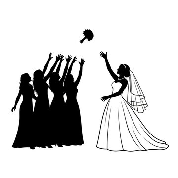 Bride throwing bouquet to friends.