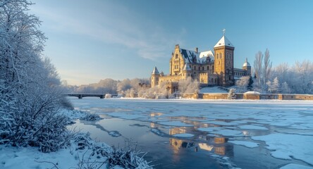 Fototapeta premium Icy winter landscape highlighting a centuries old castle