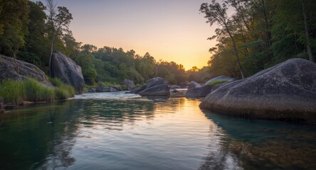 Fototapeta premium Relaxed river setting featuring massive boulders and lush vegetation evoking a Jurassic age prehistoric world at sunrise