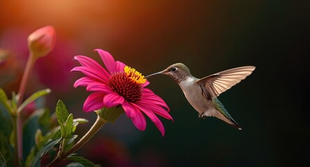 Fototapeta premium Energetic hummingbird feeding from a radiant flower in a colorful garden
