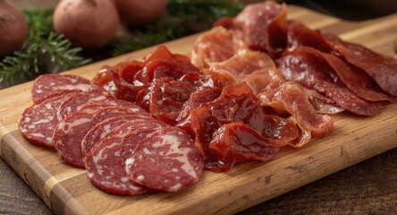 Fototapeta premium Gourmet cold cut selection on wooden board with slices of salami ham and smoked meats ideal for holiday dining