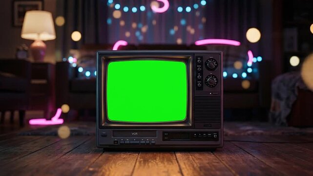 Vintage television set with a bright green screen sits on a wooden floor, ready for custom content, evoking nostalgia and retro aesthetics in a cozy room setting
