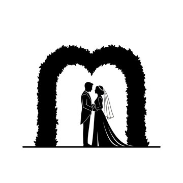 Silhouette of wedding couple standing.