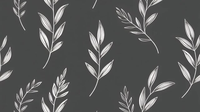 Seamless Pattern with White Hand-Drawn Botanical Leaf Branches on Dark Grey Background