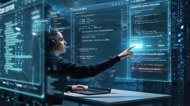 Programmer coding software laptop technology futuristic digital interface AI assistant working transparent coding interface data center with server racks blue lighting workspace innovation analysis