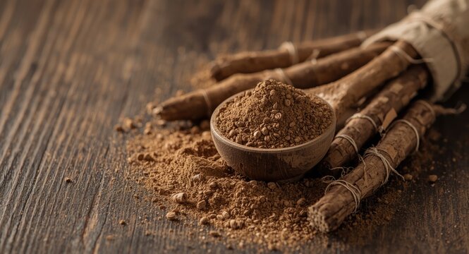 Herbal health benefits concept with black licorice roots and powder on wooden table featuring copy space