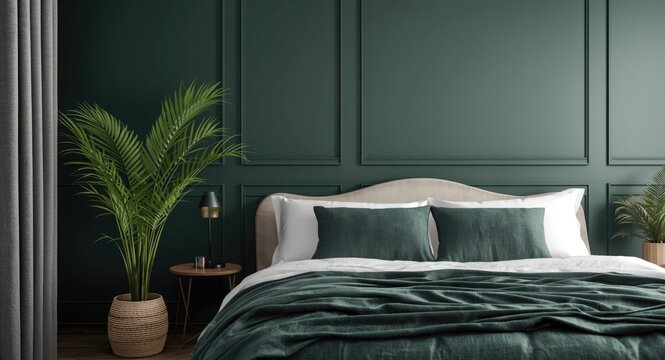 Modern bedroom interior with a potted palm plant and dark green walls