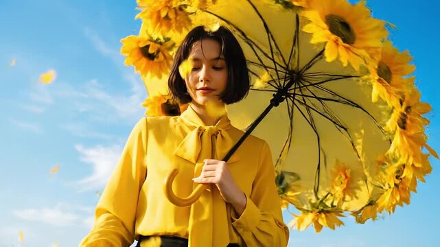 A serene woman under a vibrant yellow sunflower umbrella, with petals gently falling around her against a clear blue sky, embodying summer's joy and natural beauty