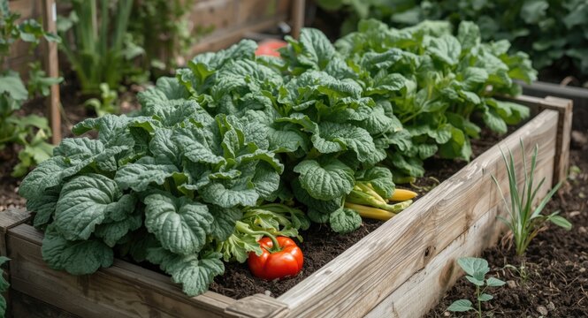 Fresh vegetables thriving in a raised bed within a small garden area