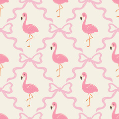 Fototapeta premium Cute seamless pattern with bows and flamingo. Summer hand drawn print. Vintage illustration.
