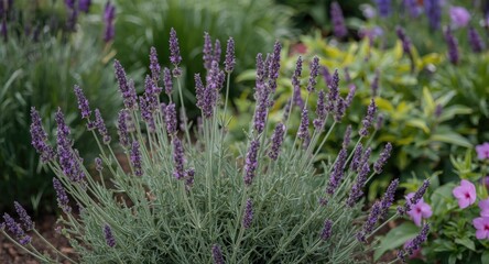 Fototapeta premium Purple lavender plants thriving among lush garden flower growth