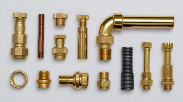 239Top-down view of mixed plumbing fittings on a clean white background, brass, copper, and steel pieces arranged in neat pattern, sharp details, subtle reflections emphasizing materi