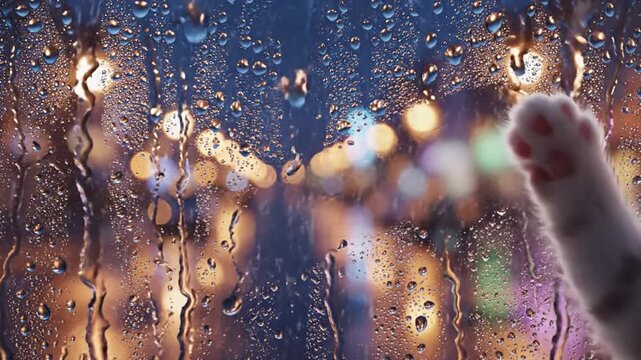 Cat looks out rainy window at city lights at night.