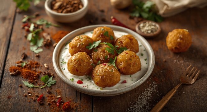 Traditional bhalla chaat with yogurt soaked lentil fritters and spices