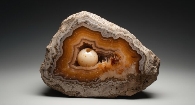 Geological specimen displaying rhyolite rock with embedded thunderegg agate