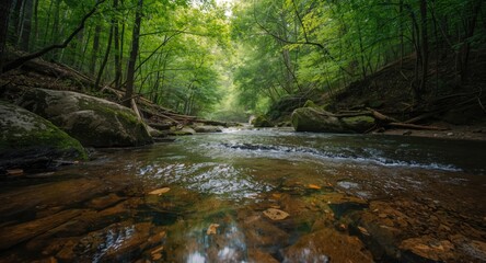 Fototapeta premium Peaceful mountain environment with forest canopy and clear flowing stream