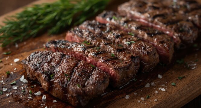 Grilled juicy skirt steak on rustic wooden board with coarse salt and fresh herbs close up photo