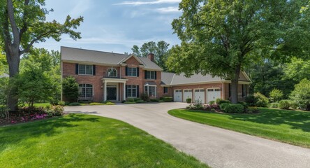 Fototapeta premium Expansive high end home with well kept lawn and driveway leading towards garage
