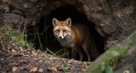 Fototapeta premium Red fox looks outward while standing at the entrance of its hidden den