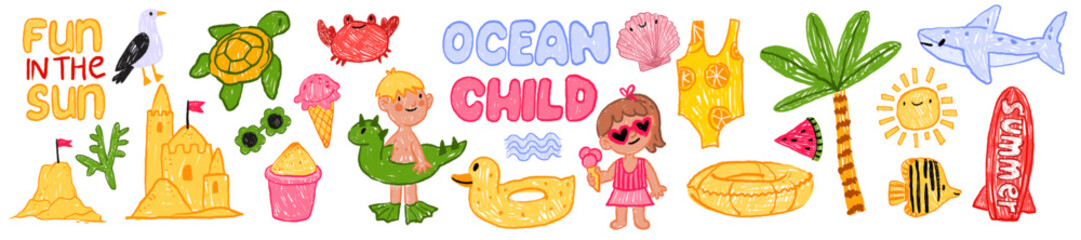 Naklejka premium Summer beach kids scribble illustration set, naive hand drawn paradise tropical vacation graphic. Cute cartoon children character sand castle, rubber tube, exotic fish, sun. Summer beach pencil doodle